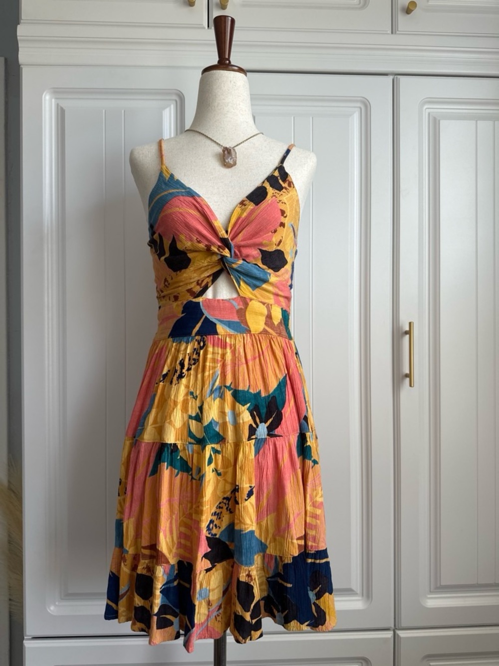 Angie Yellow Pink Blue Floral Twist-Front Mini Dress